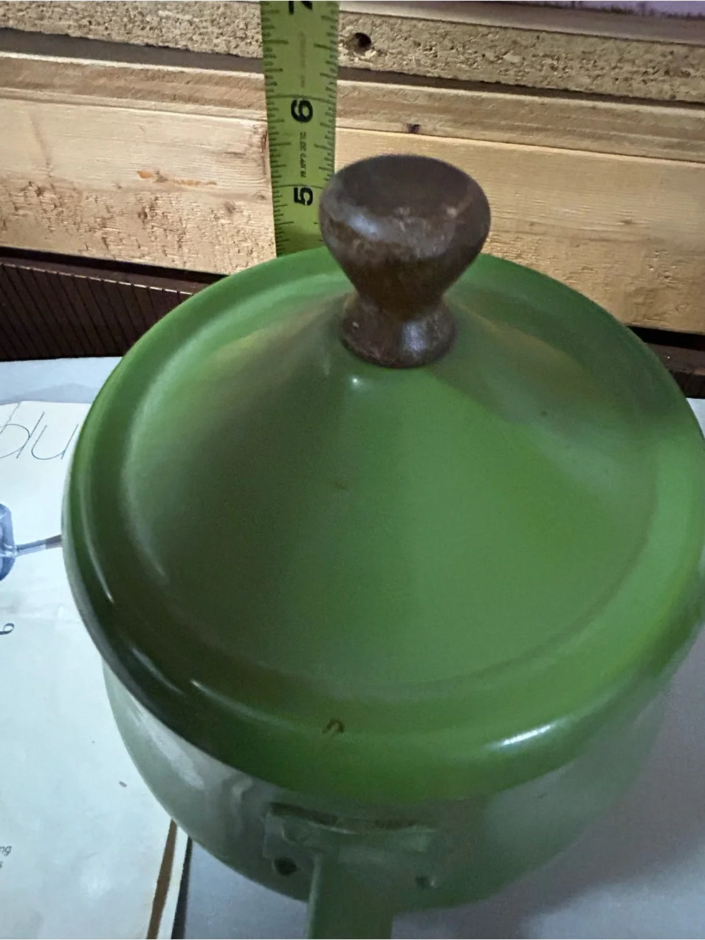 Vintage Green Enamel Fondue Pot with Wooden Handle